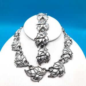 Vintage Silver Leaf Necklace Bracelet Set Mid Century 1950s Unsigned